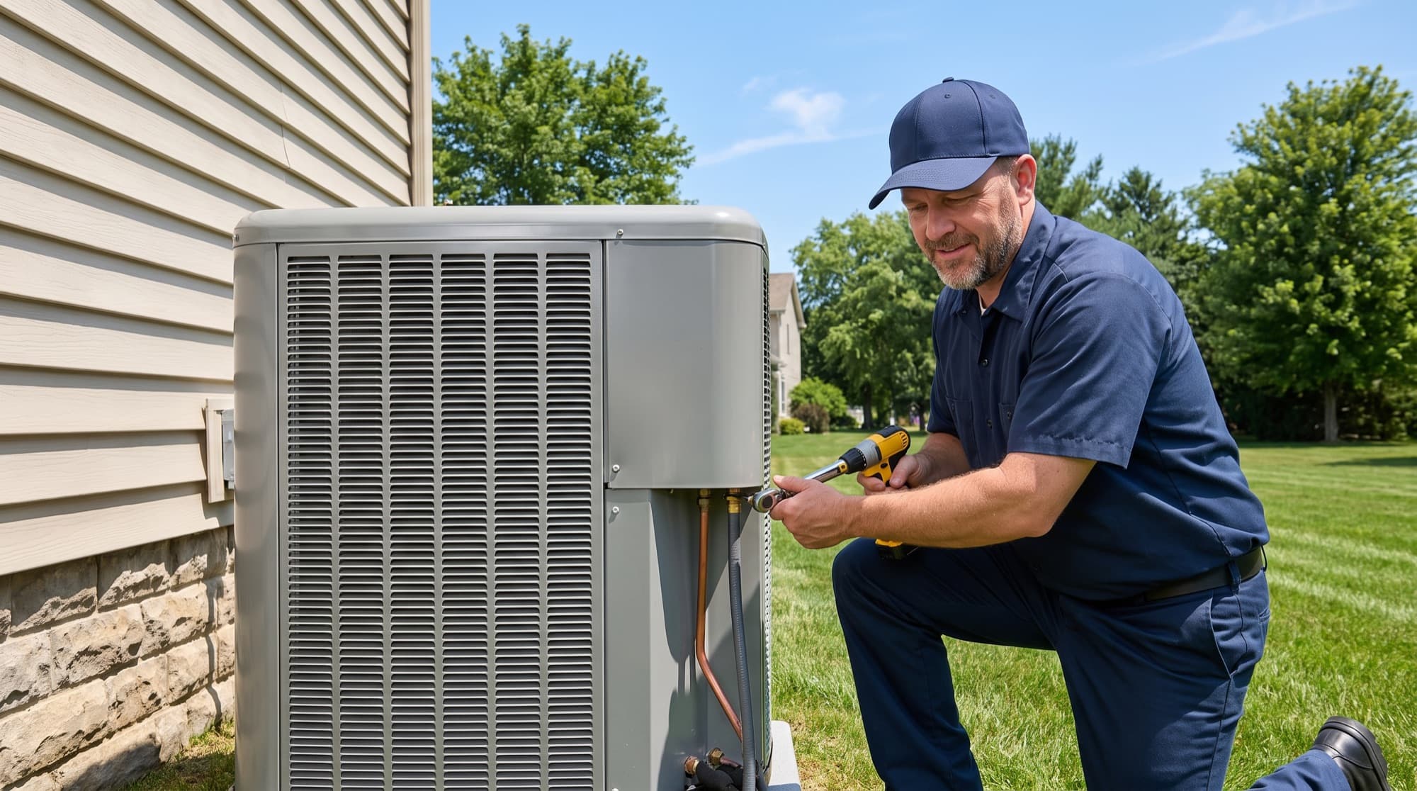 TZ Electric technician servicing an outdoor air-conditioning condenser