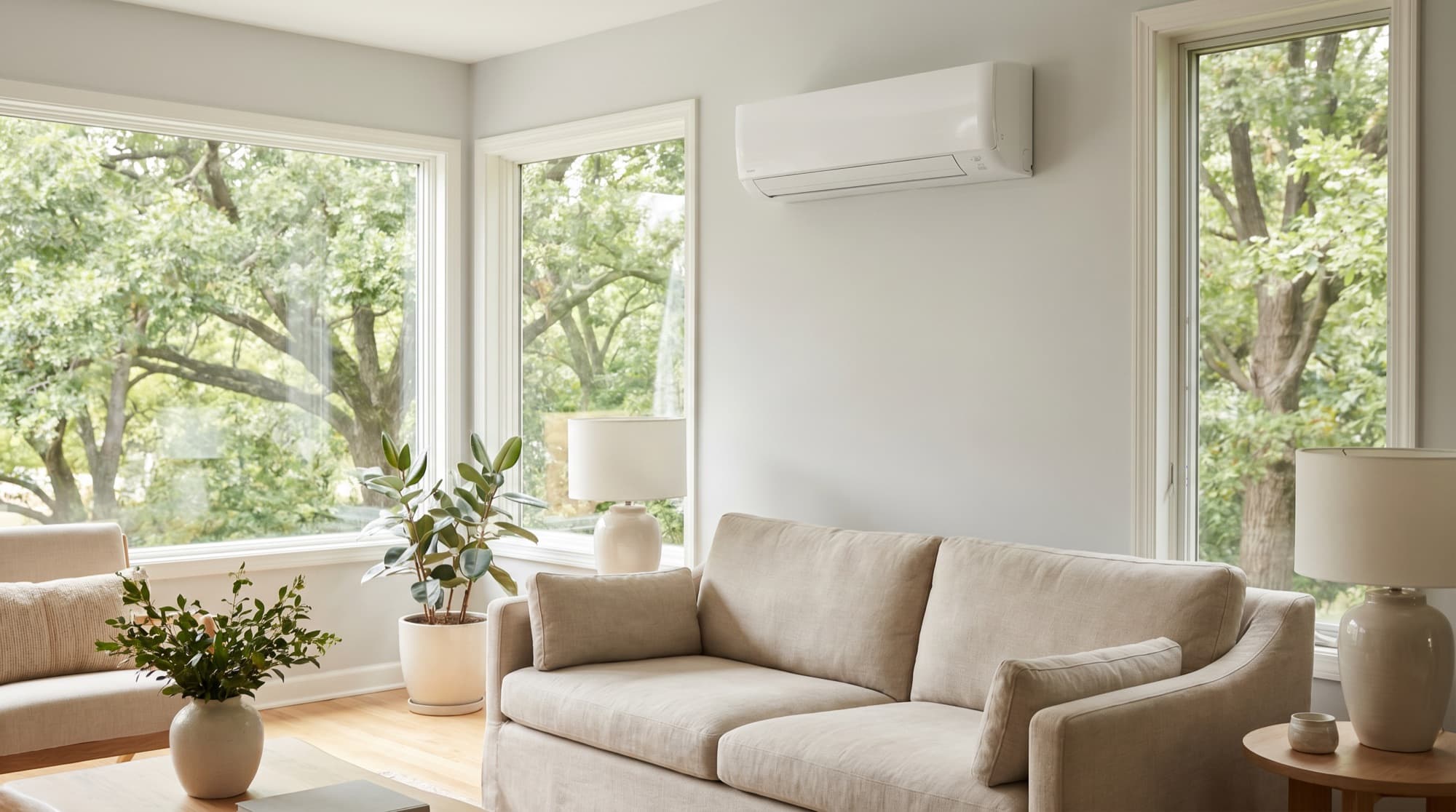 A ductless mini-split keeping a bright Hudson Valley living room cool in summer